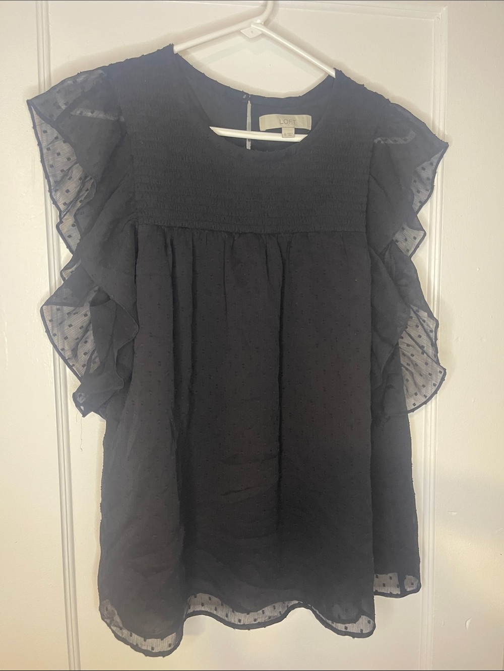 LOFT Black Ruffled Swiss Dot Top